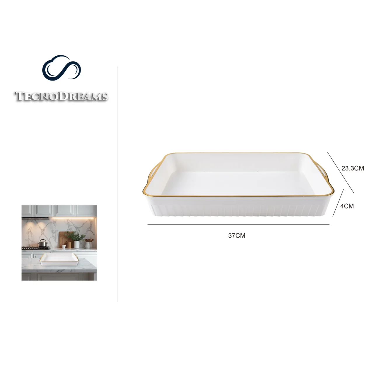 Bandeja TD Retangular Branca Borda Dourada 37×23,3×4CM (423287)