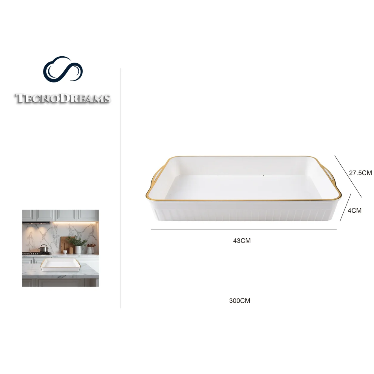 Bandeja TD Retangular Branca Borda Dourada 43×27,5×4CM (423288)