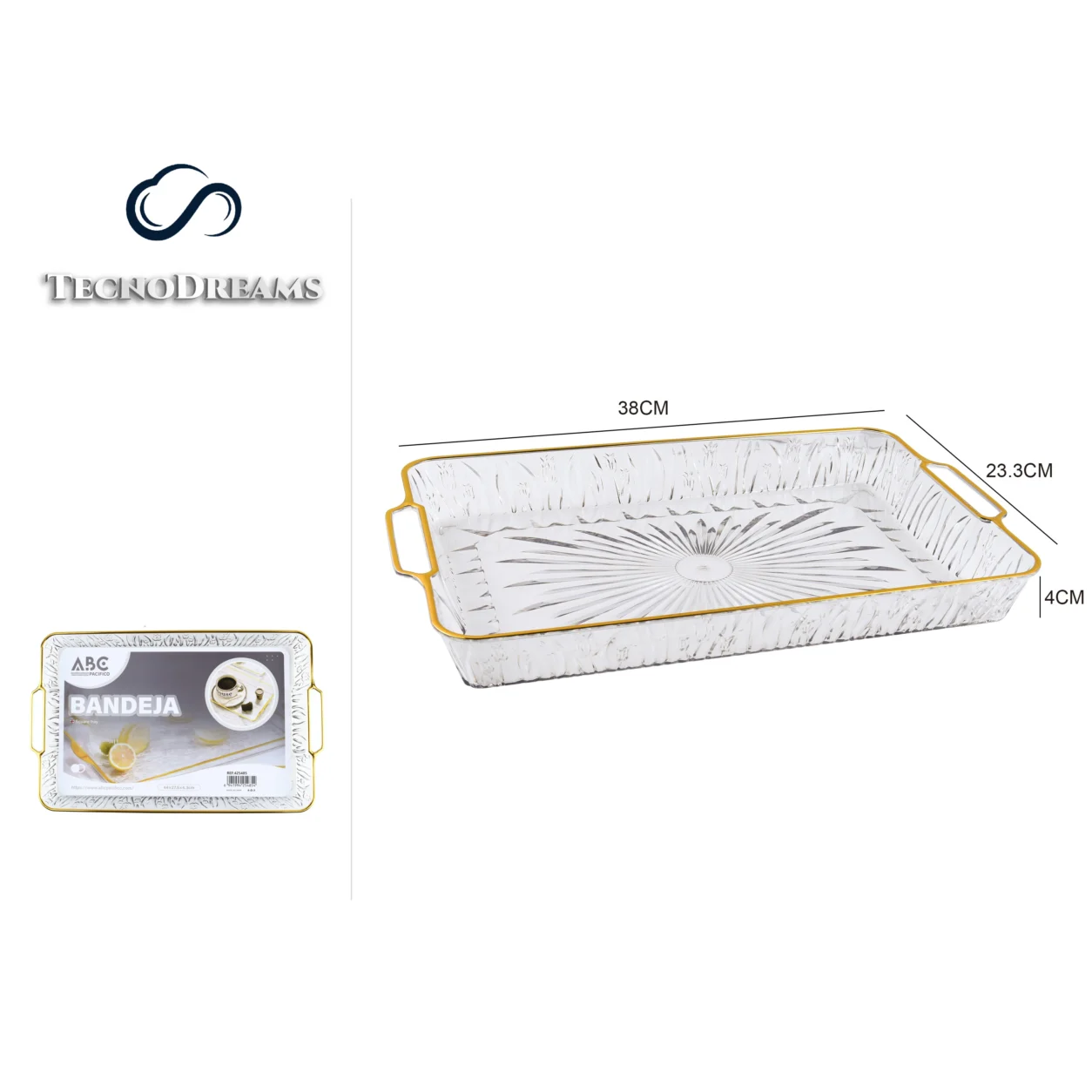 Bandeja TD Retangular Decorada Borda Dourada 38×23,3×4CM (425484)