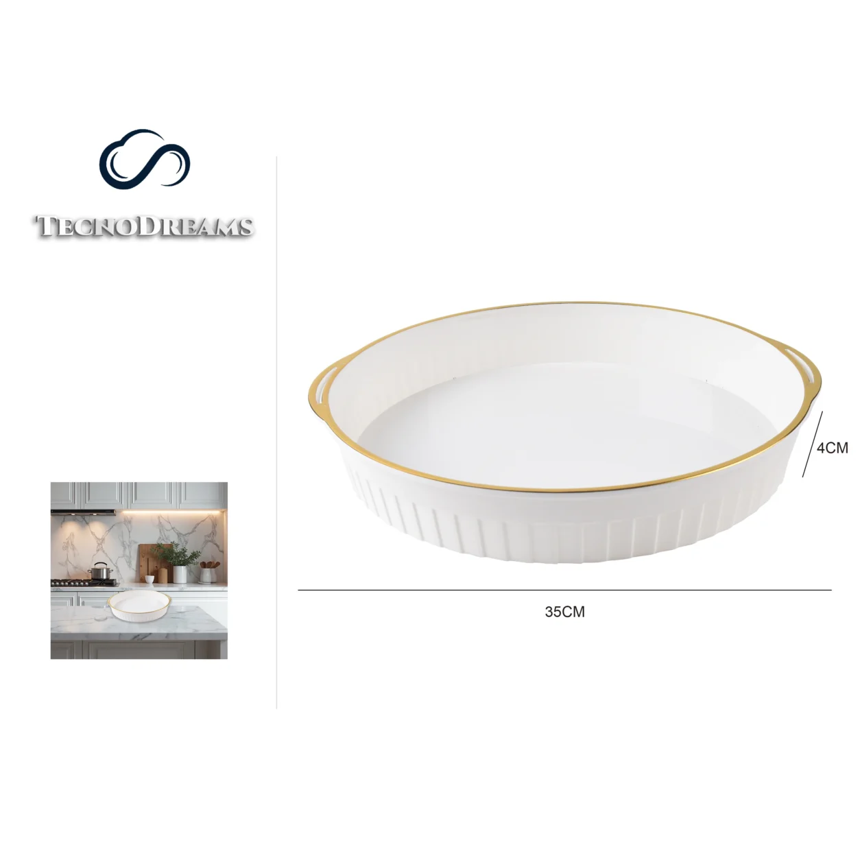 Bandeja TD Redonda Branca Borda Dourada 37×35×4CM (423295)