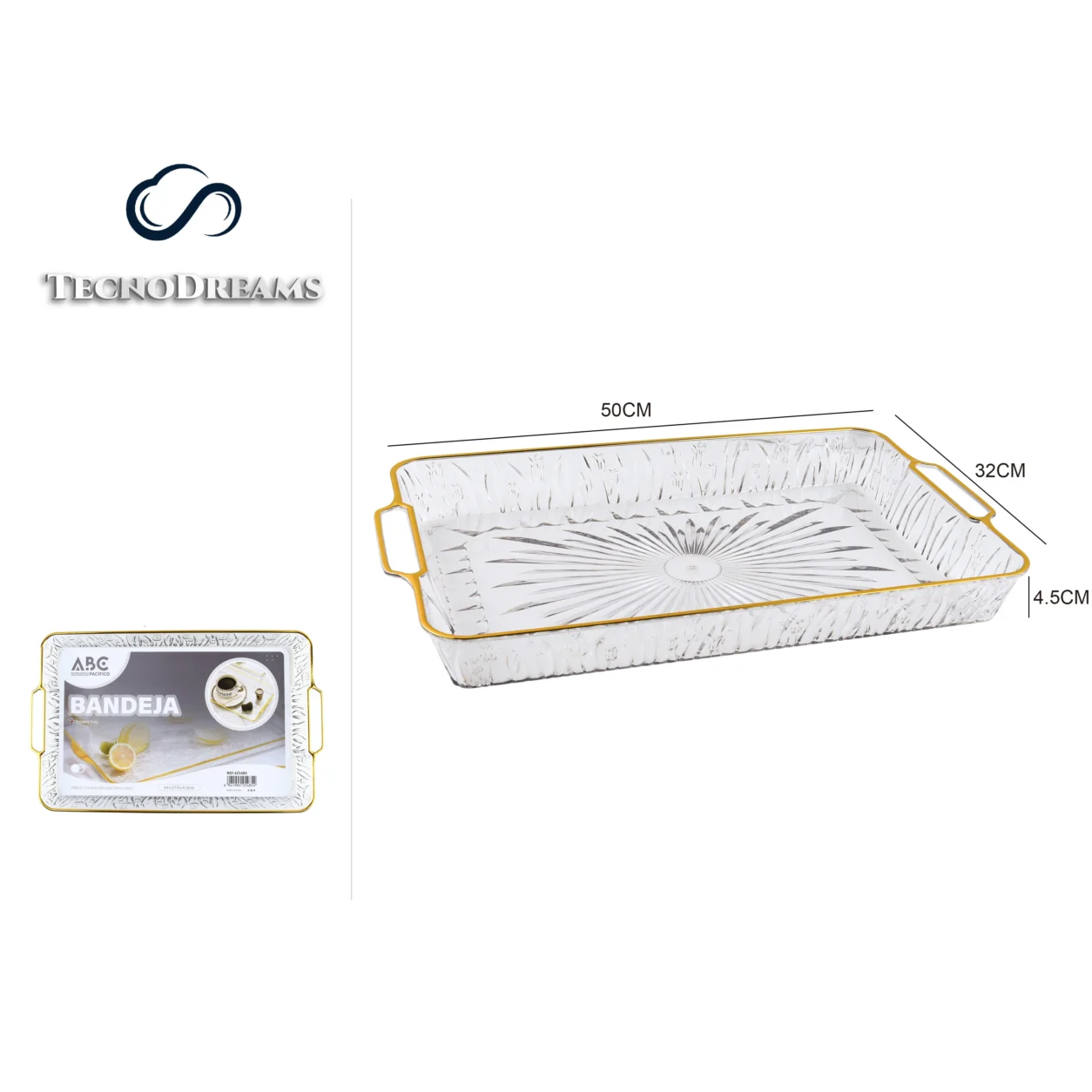 Bandeja TD Retangular Decorada Borda Dourada 50×32×4,5CM (425486)