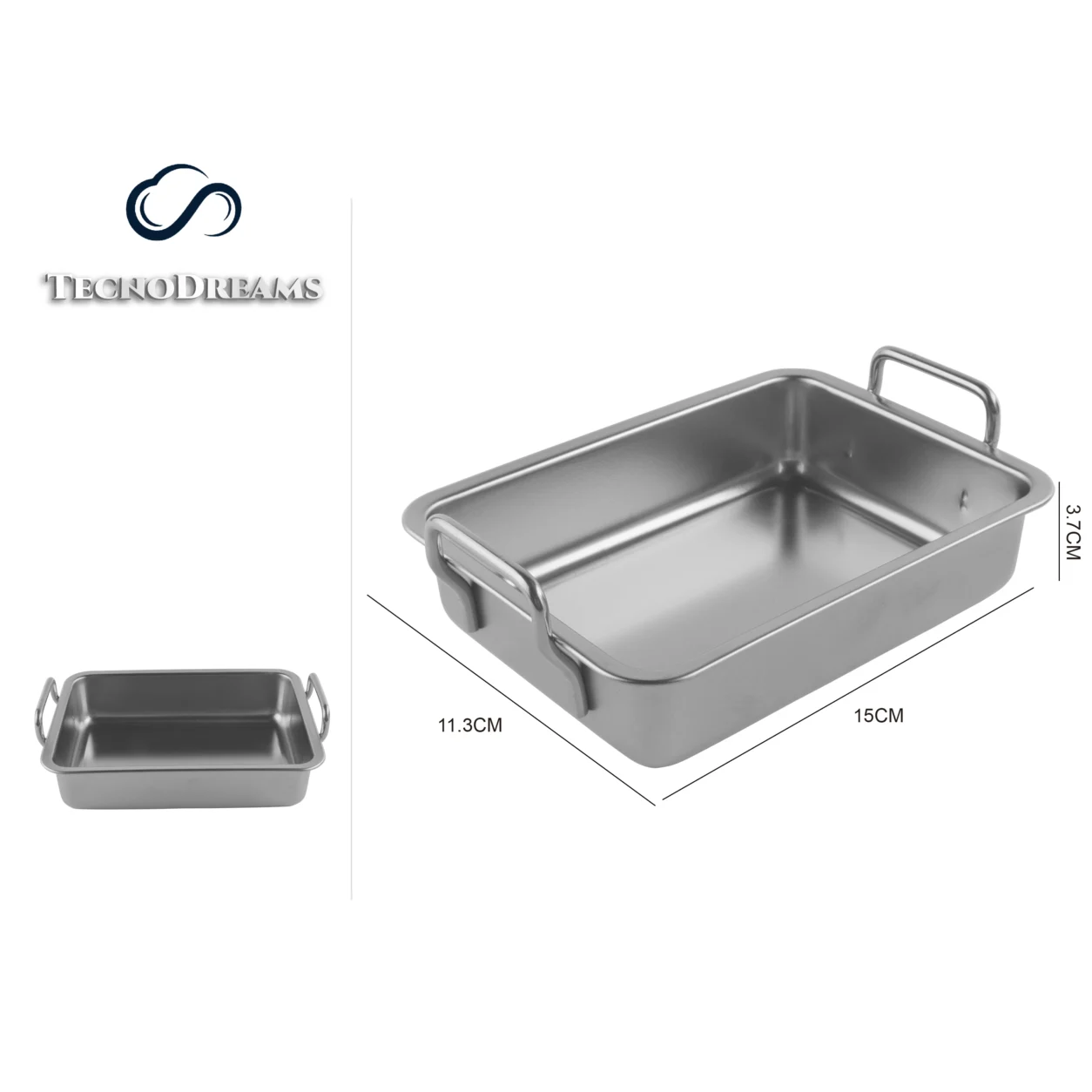Bandeja TD Inox Retangular Prateada com Alças 15×11,3×3,7CM (610390)