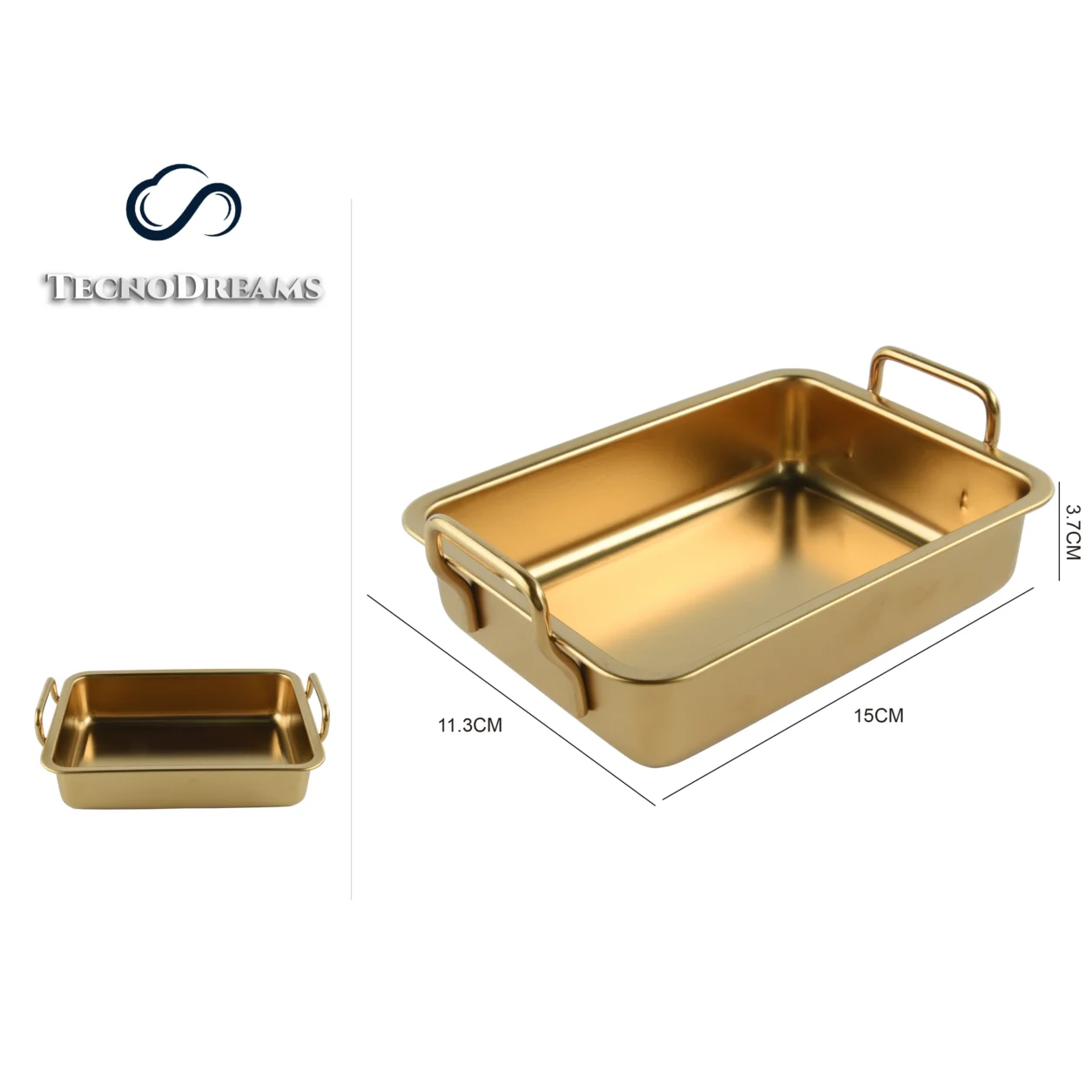 Bandeja TD Inox Retangular Dourada com Alças 15×11,3×3,7CM (610391)